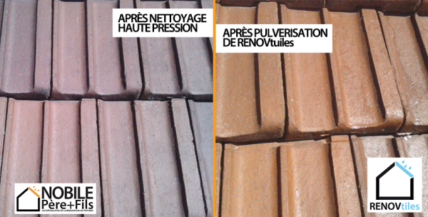 Résultat avant après traitement de tuiles terre-cuite avec RENOVtiles, hydrofuge incolore pour toiture